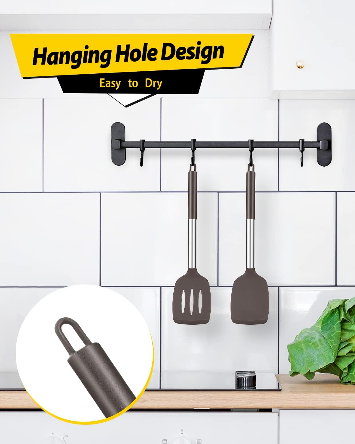 Pack of 2 Silicone Solid Turner, Non Stick Slotted Kitchen Spatulas, High Heat Resistant BPA Free Cooking Utensils, Ideal Cookware for Fish, Eggs, Pancakes(Stainless Steel Khaki)