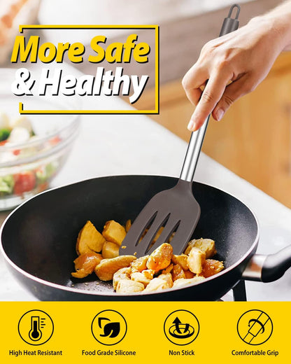 Pack of 2 Silicone Solid Turner, Non Stick Slotted Kitchen Spatulas, High Heat Resistant BPA Free Cooking Utensils, Ideal Cookware for Fish, Eggs, Pancakes(Stainless Steel Khaki)