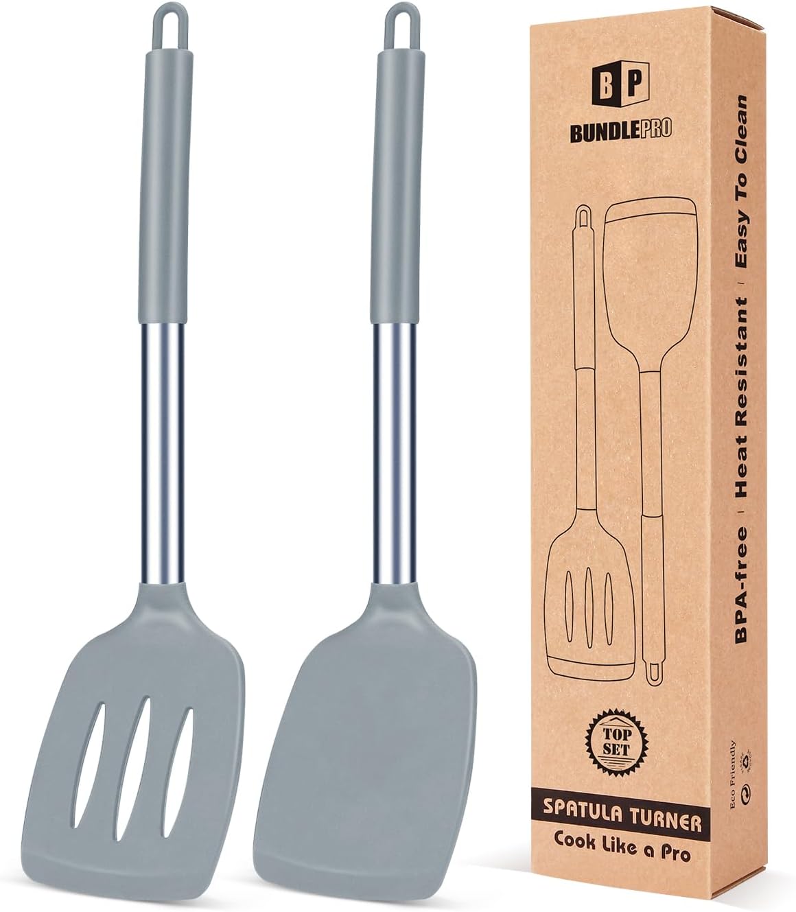 Pack of 2 Silicone Solid Turner, Non Stick Slotted Kitchen Spatulas, High Heat Resistant BPA Free Cooking Utensils, Ideal Cookware for Fish, Eggs, Pancakes(Stainless Steel Khaki)