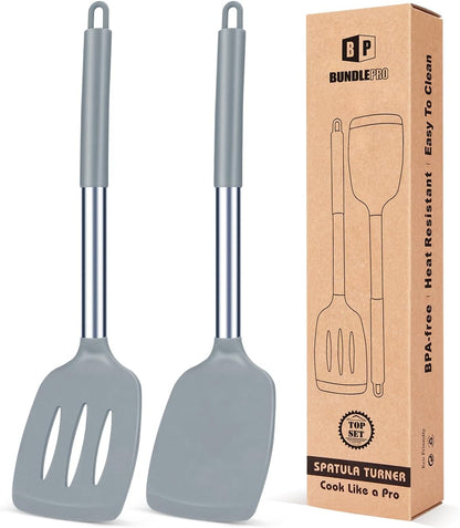 Pack of 2 Silicone Solid Turner, Non Stick Slotted Kitchen Spatulas, High Heat Resistant BPA Free Cooking Utensils, Ideal Cookware for Fish, Eggs, Pancakes(Stainless Steel Khaki)