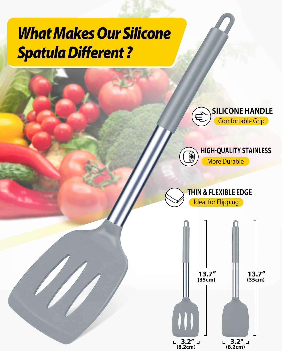 Pack of 2 Silicone Solid Turner, Non Stick Slotted Kitchen Spatulas, High Heat Resistant BPA Free Cooking Utensils, Ideal Cookware for Fish, Eggs, Pancakes(Stainless Steel Khaki)