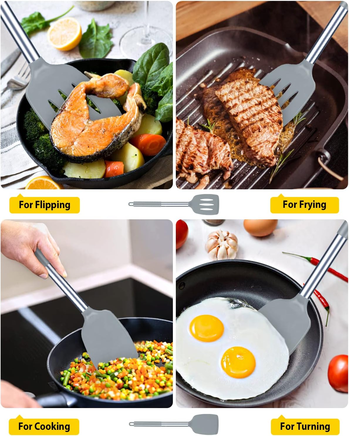 Pack of 2 Silicone Solid Turner, Non Stick Slotted Kitchen Spatulas, High Heat Resistant BPA Free Cooking Utensils, Ideal Cookware for Fish, Eggs, Pancakes(Stainless Steel Khaki)
