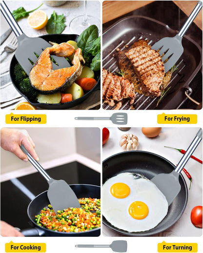 Pack of 2 Silicone Solid Turner, Non Stick Slotted Kitchen Spatulas, High Heat Resistant BPA Free Cooking Utensils, Ideal Cookware for Fish, Eggs, Pancakes(Stainless Steel Khaki)