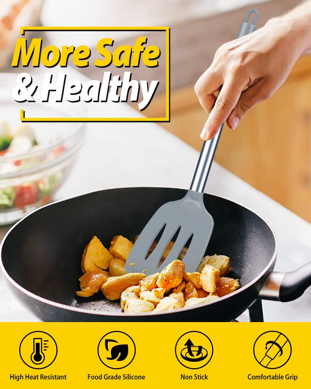 Pack of 2 Silicone Solid Turner, Non Stick Slotted Kitchen Spatulas, High Heat Resistant BPA Free Cooking Utensils, Ideal Cookware for Fish, Eggs, Pancakes(Stainless Steel Khaki)