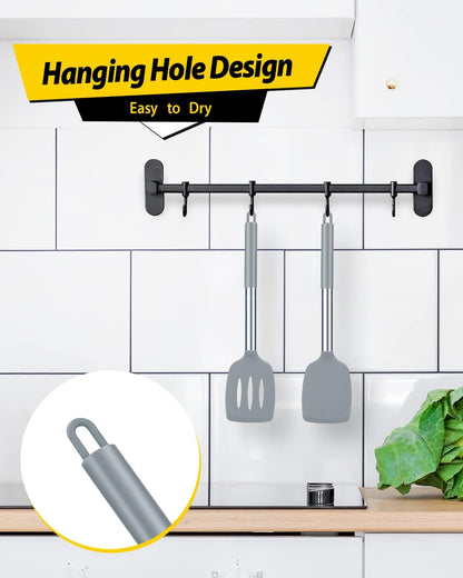 Pack of 2 Silicone Solid Turner, Non Stick Slotted Kitchen Spatulas, High Heat Resistant BPA Free Cooking Utensils, Ideal Cookware for Fish, Eggs, Pancakes(Stainless Steel Khaki)