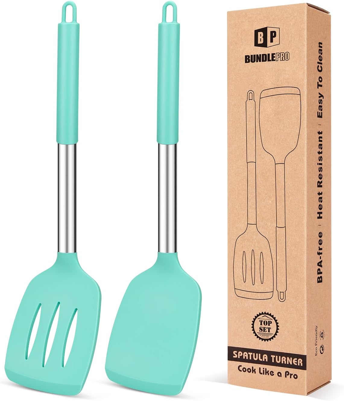 Pack of 2 Silicone Solid Turner, Non Stick Slotted Kitchen Spatulas, High Heat Resistant BPA Free Cooking Utensils, Ideal Cookware for Fish, Eggs, Pancakes(Stainless Steel Khaki)