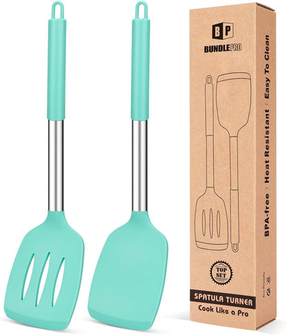 Pack of 2 Silicone Solid Turner, Non Stick Slotted Kitchen Spatulas, High Heat Resistant BPA Free Cooking Utensils, Ideal Cookware for Fish, Eggs, Pancakes(Stainless Steel Khaki)