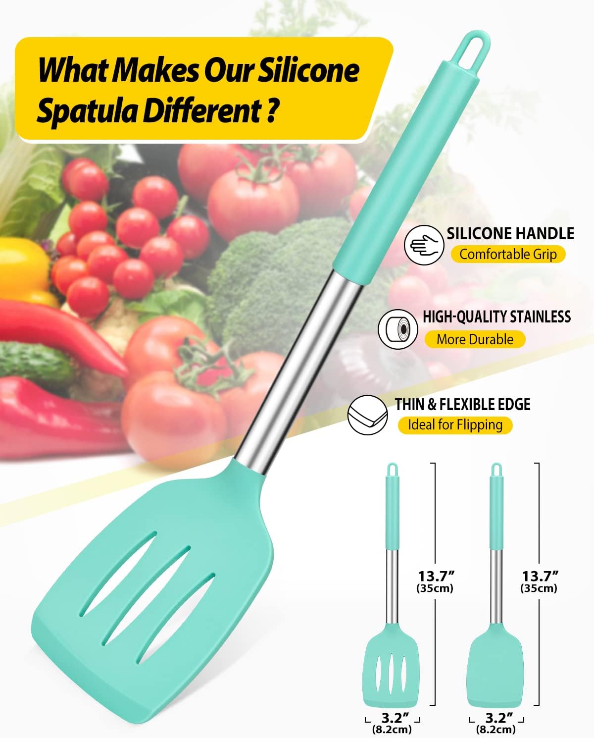 Pack of 2 Silicone Solid Turner, Non Stick Slotted Kitchen Spatulas, High Heat Resistant BPA Free Cooking Utensils, Ideal Cookware for Fish, Eggs, Pancakes(Stainless Steel Khaki)
