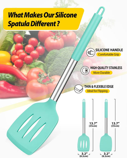 Pack of 2 Silicone Solid Turner, Non Stick Slotted Kitchen Spatulas, High Heat Resistant BPA Free Cooking Utensils, Ideal Cookware for Fish, Eggs, Pancakes(Stainless Steel Khaki)