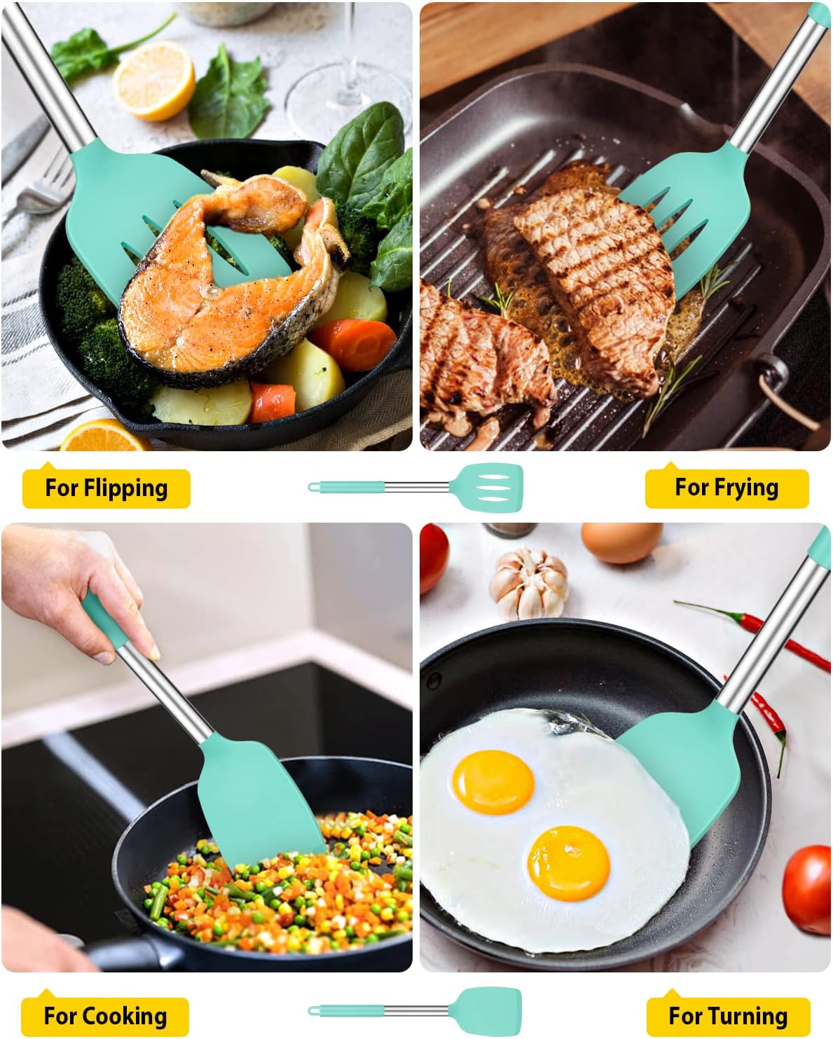 Pack of 2 Silicone Solid Turner, Non Stick Slotted Kitchen Spatulas, High Heat Resistant BPA Free Cooking Utensils, Ideal Cookware for Fish, Eggs, Pancakes(Stainless Steel Khaki)