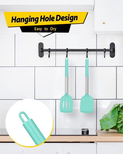 Pack of 2 Silicone Solid Turner, Non Stick Slotted Kitchen Spatulas, High Heat Resistant BPA Free Cooking Utensils, Ideal Cookware for Fish, Eggs, Pancakes(Stainless Steel Khaki)