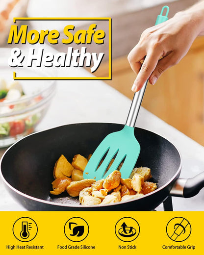 Pack of 2 Silicone Solid Turner, Non Stick Slotted Kitchen Spatulas, High Heat Resistant BPA Free Cooking Utensils, Ideal Cookware for Fish, Eggs, Pancakes(Stainless Steel Khaki)