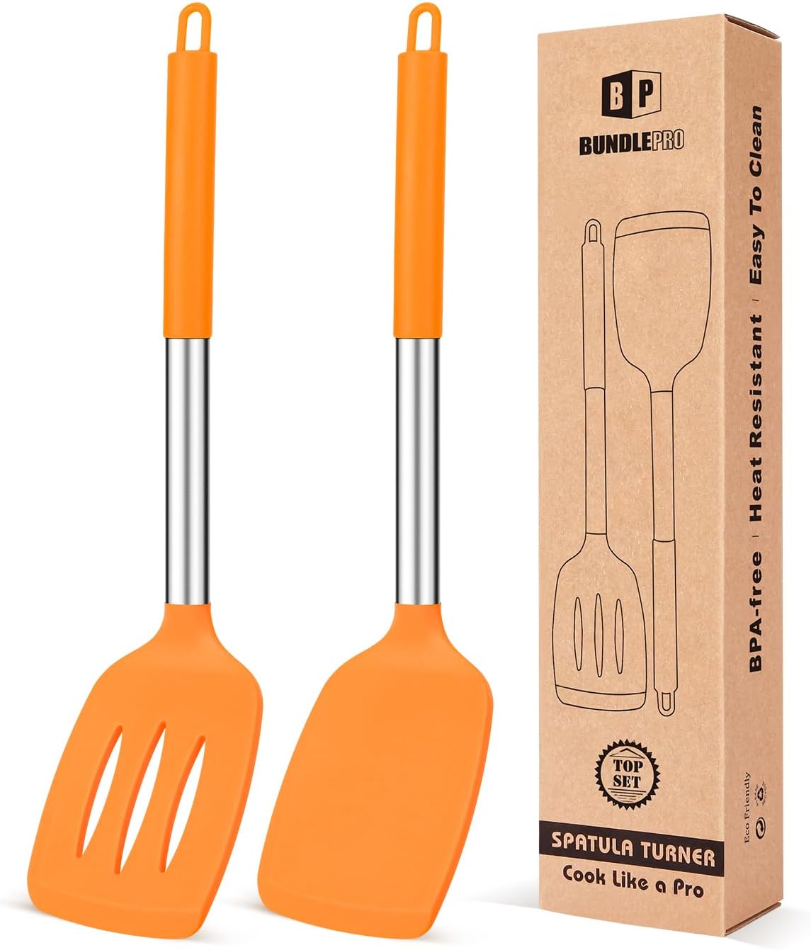 Pack of 2 Silicone Solid Turner, Non Stick Slotted Kitchen Spatulas, High Heat Resistant BPA Free Cooking Utensils, Ideal Cookware for Fish, Eggs, Pancakes(Stainless Steel Khaki)