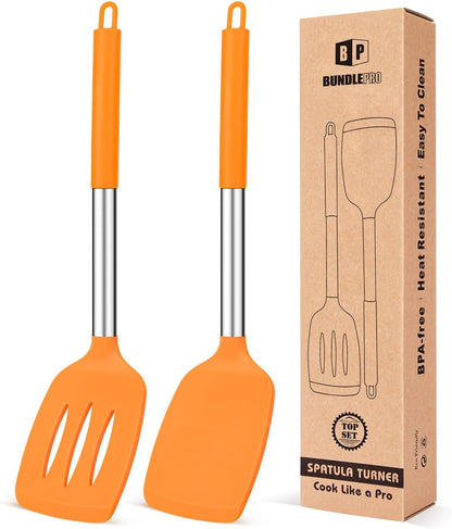 Pack of 2 Silicone Solid Turner, Non Stick Slotted Kitchen Spatulas, High Heat Resistant BPA Free Cooking Utensils, Ideal Cookware for Fish, Eggs, Pancakes(Stainless Steel Khaki)