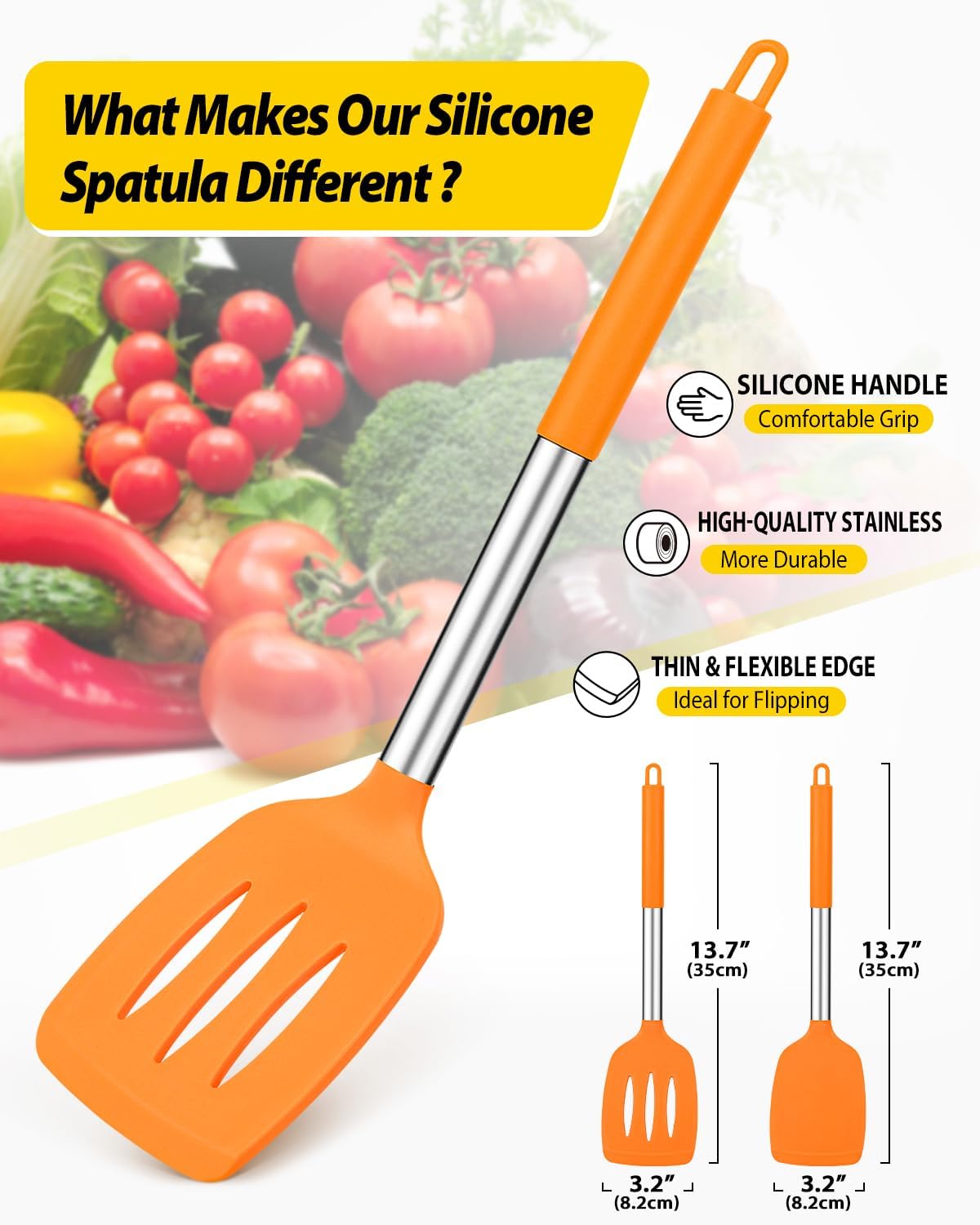 Pack of 2 Silicone Solid Turner, Non Stick Slotted Kitchen Spatulas, High Heat Resistant BPA Free Cooking Utensils, Ideal Cookware for Fish, Eggs, Pancakes(Stainless Steel Khaki)