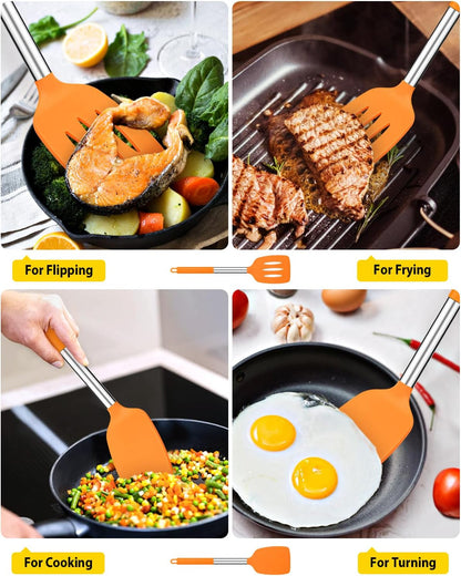 Pack of 2 Silicone Solid Turner, Non Stick Slotted Kitchen Spatulas, High Heat Resistant BPA Free Cooking Utensils, Ideal Cookware for Fish, Eggs, Pancakes(Stainless Steel Khaki)