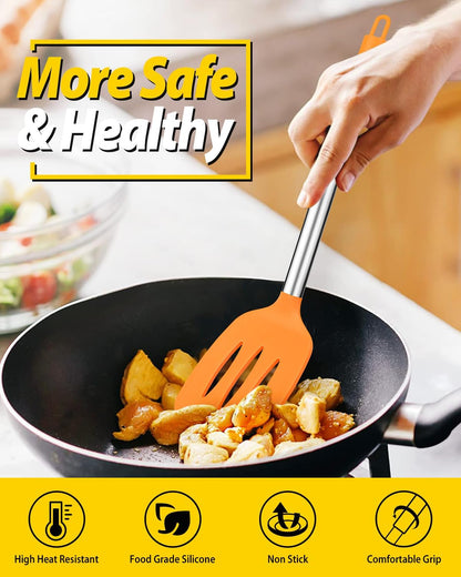 Pack of 2 Silicone Solid Turner, Non Stick Slotted Kitchen Spatulas, High Heat Resistant BPA Free Cooking Utensils, Ideal Cookware for Fish, Eggs, Pancakes(Stainless Steel Khaki)