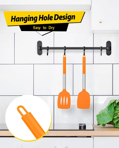 Pack of 2 Silicone Solid Turner, Non Stick Slotted Kitchen Spatulas, High Heat Resistant BPA Free Cooking Utensils, Ideal Cookware for Fish, Eggs, Pancakes(Stainless Steel Khaki)