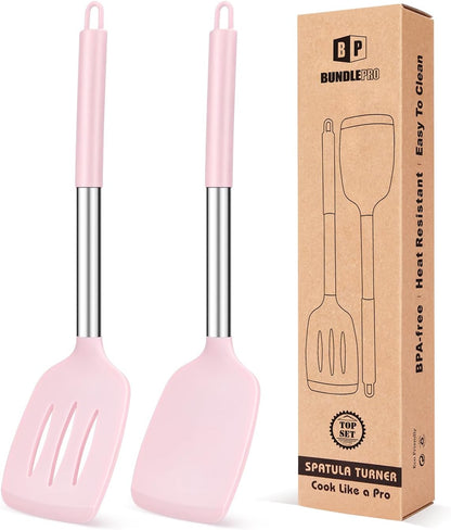 Pack of 2 Silicone Solid Turner, Non Stick Slotted Kitchen Spatulas, High Heat Resistant BPA Free Cooking Utensils, Ideal Cookware for Fish, Eggs, Pancakes(Stainless Steel Khaki)