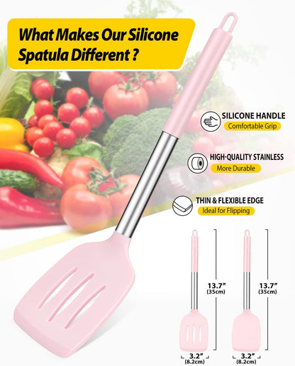 Pack of 2 Silicone Solid Turner, Non Stick Slotted Kitchen Spatulas, High Heat Resistant BPA Free Cooking Utensils, Ideal Cookware for Fish, Eggs, Pancakes(Stainless Steel Khaki)