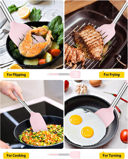 Pack of 2 Silicone Solid Turner, Non Stick Slotted Kitchen Spatulas, High Heat Resistant BPA Free Cooking Utensils, Ideal Cookware for Fish, Eggs, Pancakes(Stainless Steel Khaki)