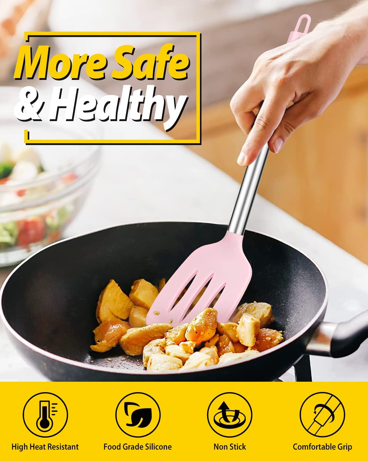 Pack of 2 Silicone Solid Turner, Non Stick Slotted Kitchen Spatulas, High Heat Resistant BPA Free Cooking Utensils, Ideal Cookware for Fish, Eggs, Pancakes(Stainless Steel Khaki)