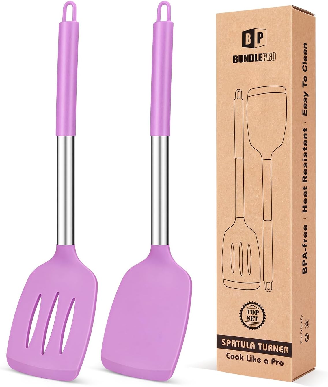 Pack of 2 Silicone Solid Turner, Non Stick Slotted Kitchen Spatulas, High Heat Resistant BPA Free Cooking Utensils, Ideal Cookware for Fish, Eggs, Pancakes(Stainless Steel Khaki)