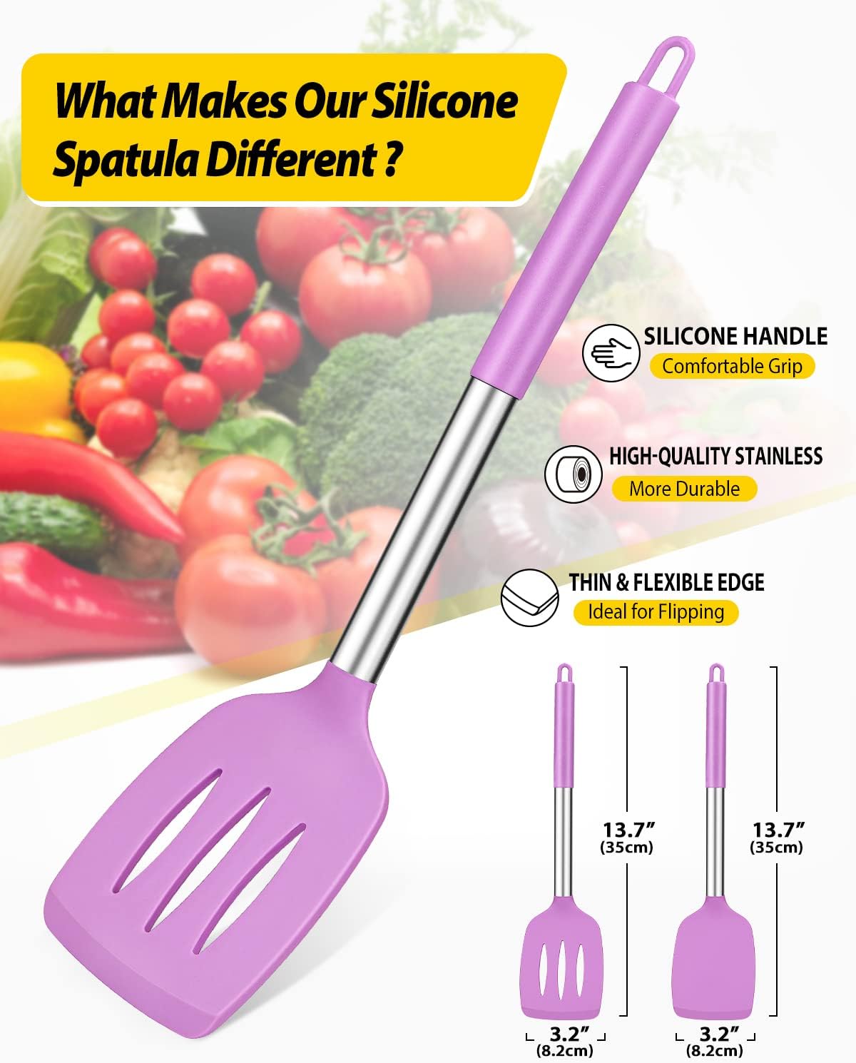 Pack of 2 Silicone Solid Turner, Non Stick Slotted Kitchen Spatulas, High Heat Resistant BPA Free Cooking Utensils, Ideal Cookware for Fish, Eggs, Pancakes(Stainless Steel Khaki)