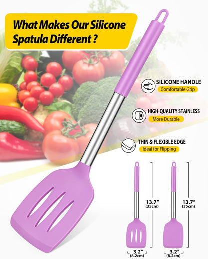 Pack of 2 Silicone Solid Turner, Non Stick Slotted Kitchen Spatulas, High Heat Resistant BPA Free Cooking Utensils, Ideal Cookware for Fish, Eggs, Pancakes(Stainless Steel Khaki)