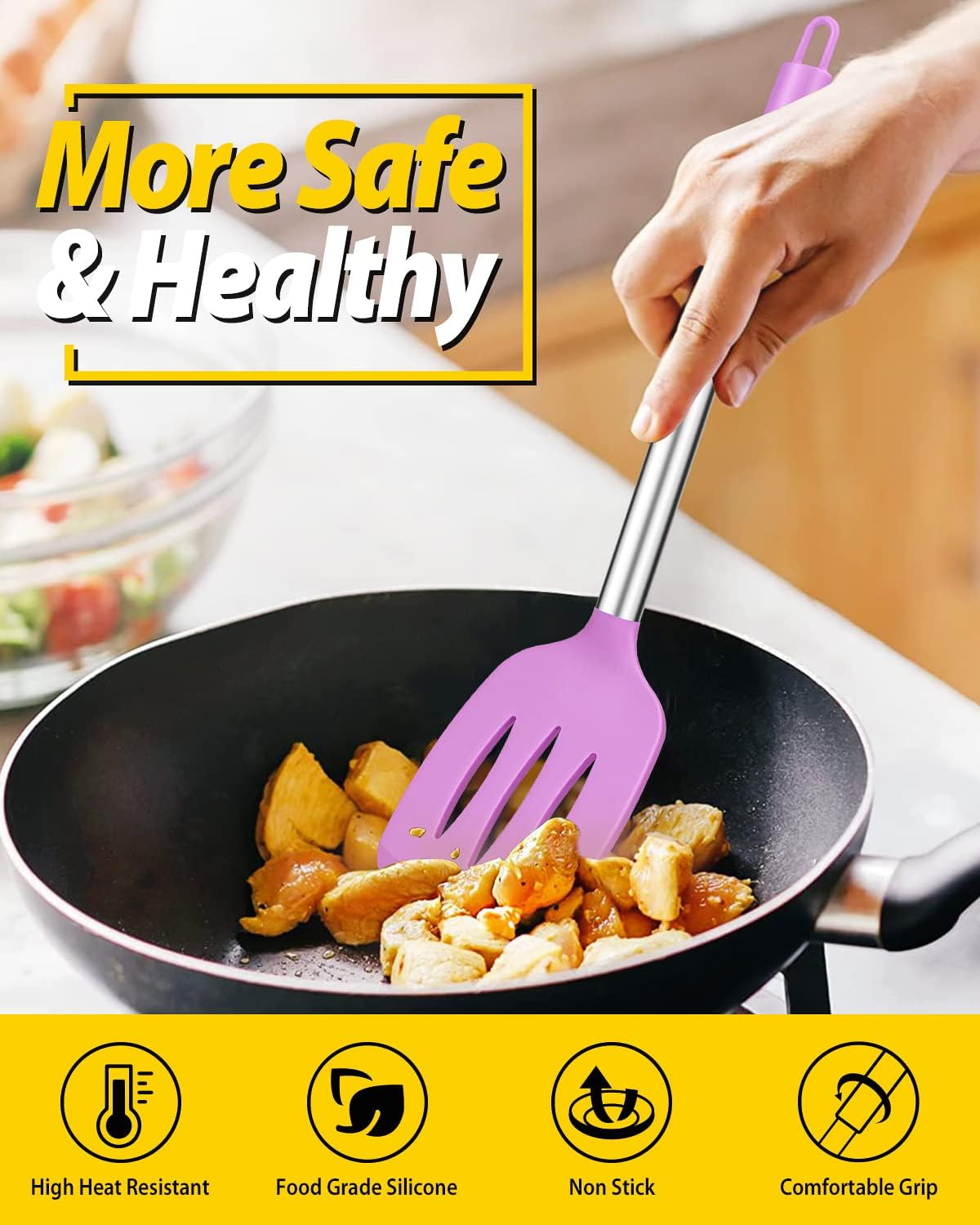 Pack of 2 Silicone Solid Turner, Non Stick Slotted Kitchen Spatulas, High Heat Resistant BPA Free Cooking Utensils, Ideal Cookware for Fish, Eggs, Pancakes(Stainless Steel Khaki)
