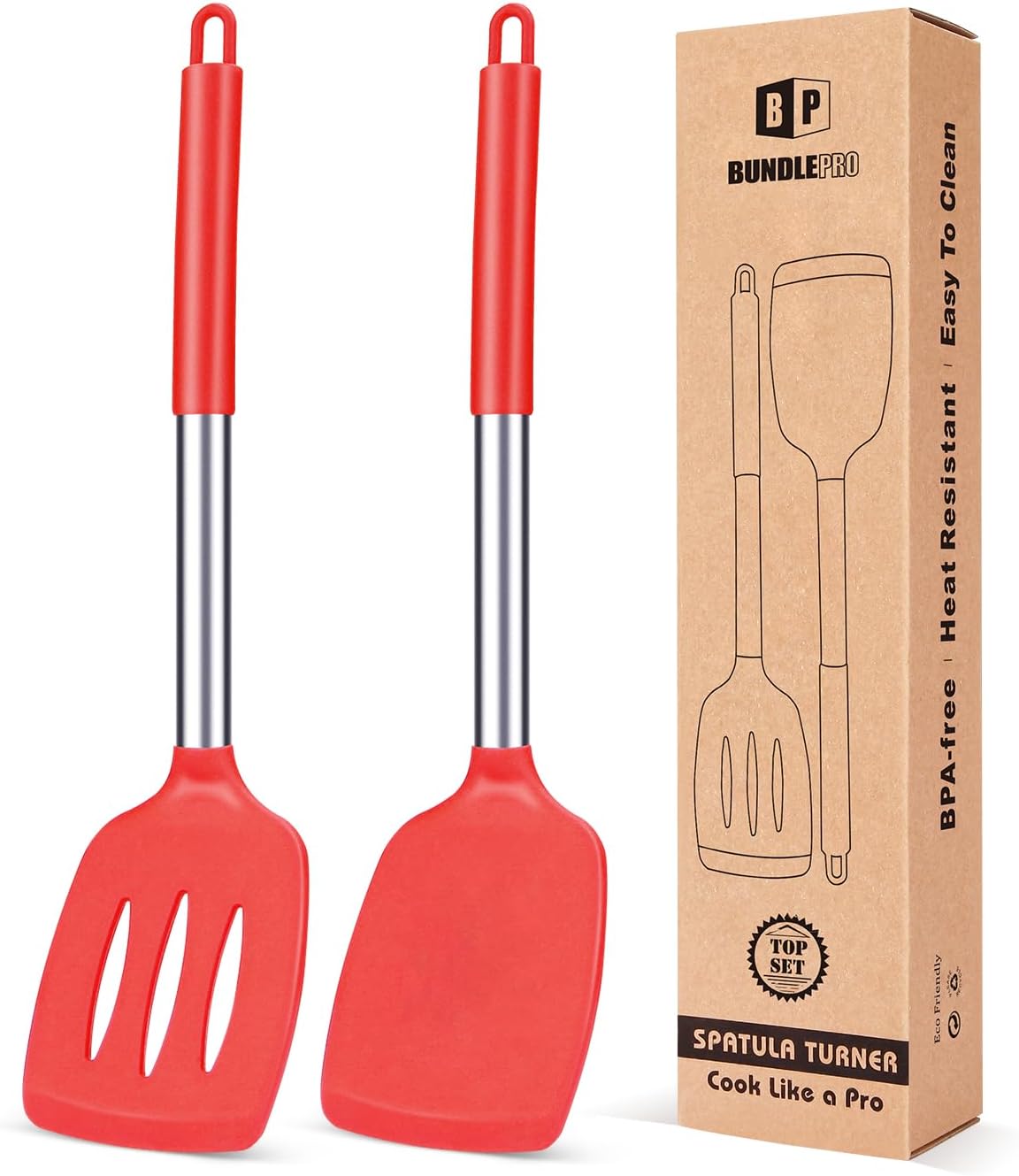 Pack of 2 Silicone Solid Turner, Non Stick Slotted Kitchen Spatulas, High Heat Resistant BPA Free Cooking Utensils, Ideal Cookware for Fish, Eggs, Pancakes(Stainless Steel Khaki)