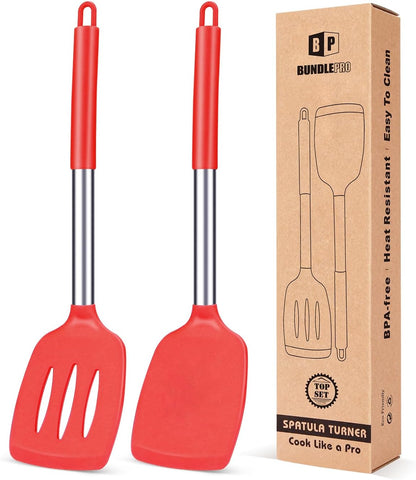 Pack of 2 Silicone Solid Turner, Non Stick Slotted Kitchen Spatulas, High Heat Resistant BPA Free Cooking Utensils, Ideal Cookware for Fish, Eggs, Pancakes(Stainless Steel Khaki)
