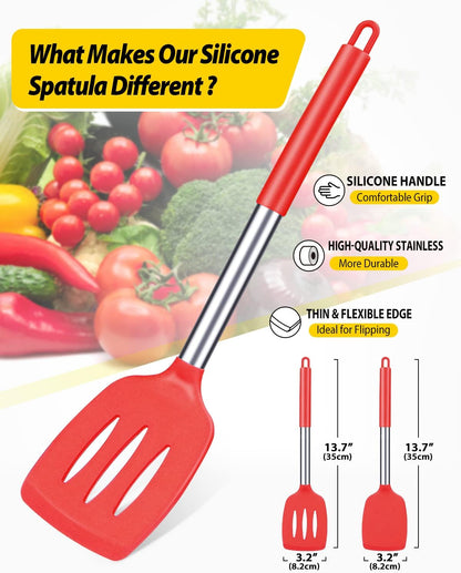 Pack of 2 Silicone Solid Turner, Non Stick Slotted Kitchen Spatulas, High Heat Resistant BPA Free Cooking Utensils, Ideal Cookware for Fish, Eggs, Pancakes(Stainless Steel Khaki)