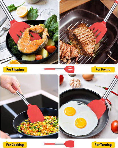 Pack of 2 Silicone Solid Turner, Non Stick Slotted Kitchen Spatulas, High Heat Resistant BPA Free Cooking Utensils, Ideal Cookware for Fish, Eggs, Pancakes(Stainless Steel Khaki)