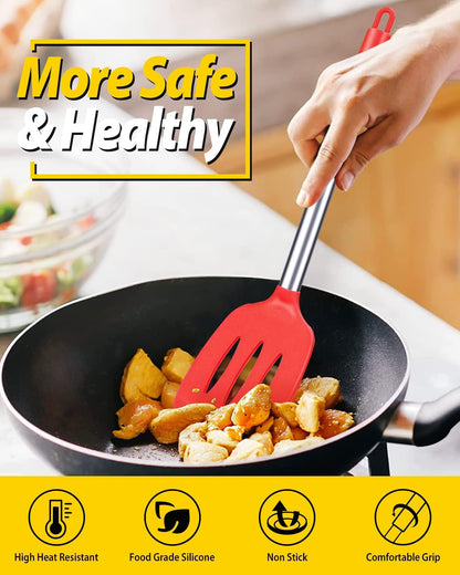 Pack of 2 Silicone Solid Turner, Non Stick Slotted Kitchen Spatulas, High Heat Resistant BPA Free Cooking Utensils, Ideal Cookware for Fish, Eggs, Pancakes(Stainless Steel Khaki)