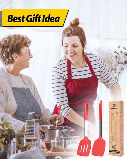 Pack of 2 Silicone Solid Turner, Non Stick Slotted Kitchen Spatulas, High Heat Resistant BPA Free Cooking Utensils, Ideal Cookware for Fish, Eggs, Pancakes(Stainless Steel Khaki)