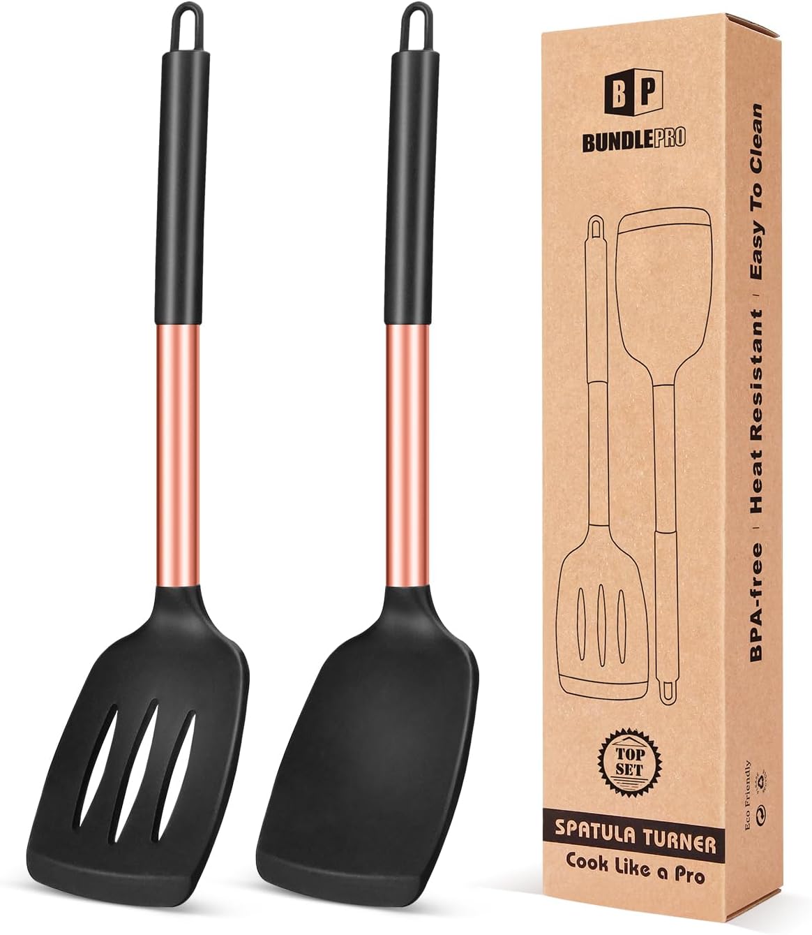 Pack of 2 Silicone Solid Turner, Non Stick Slotted Kitchen Spatulas, High Heat Resistant BPA Free Cooking Utensils, Ideal Cookware for Fish, Eggs, Pancakes(Stainless Steel Khaki)
