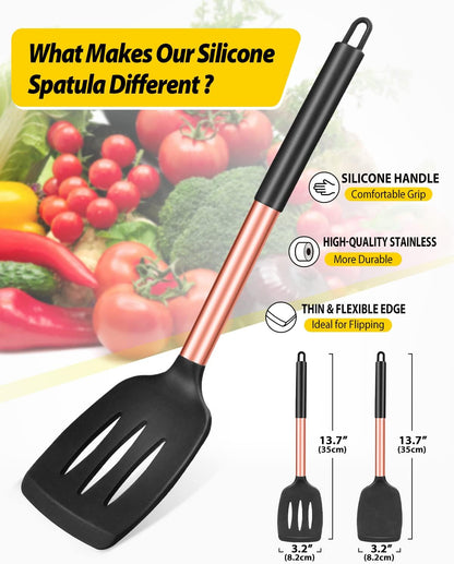 Pack of 2 Silicone Solid Turner, Non Stick Slotted Kitchen Spatulas, High Heat Resistant BPA Free Cooking Utensils, Ideal Cookware for Fish, Eggs, Pancakes(Stainless Steel Khaki)