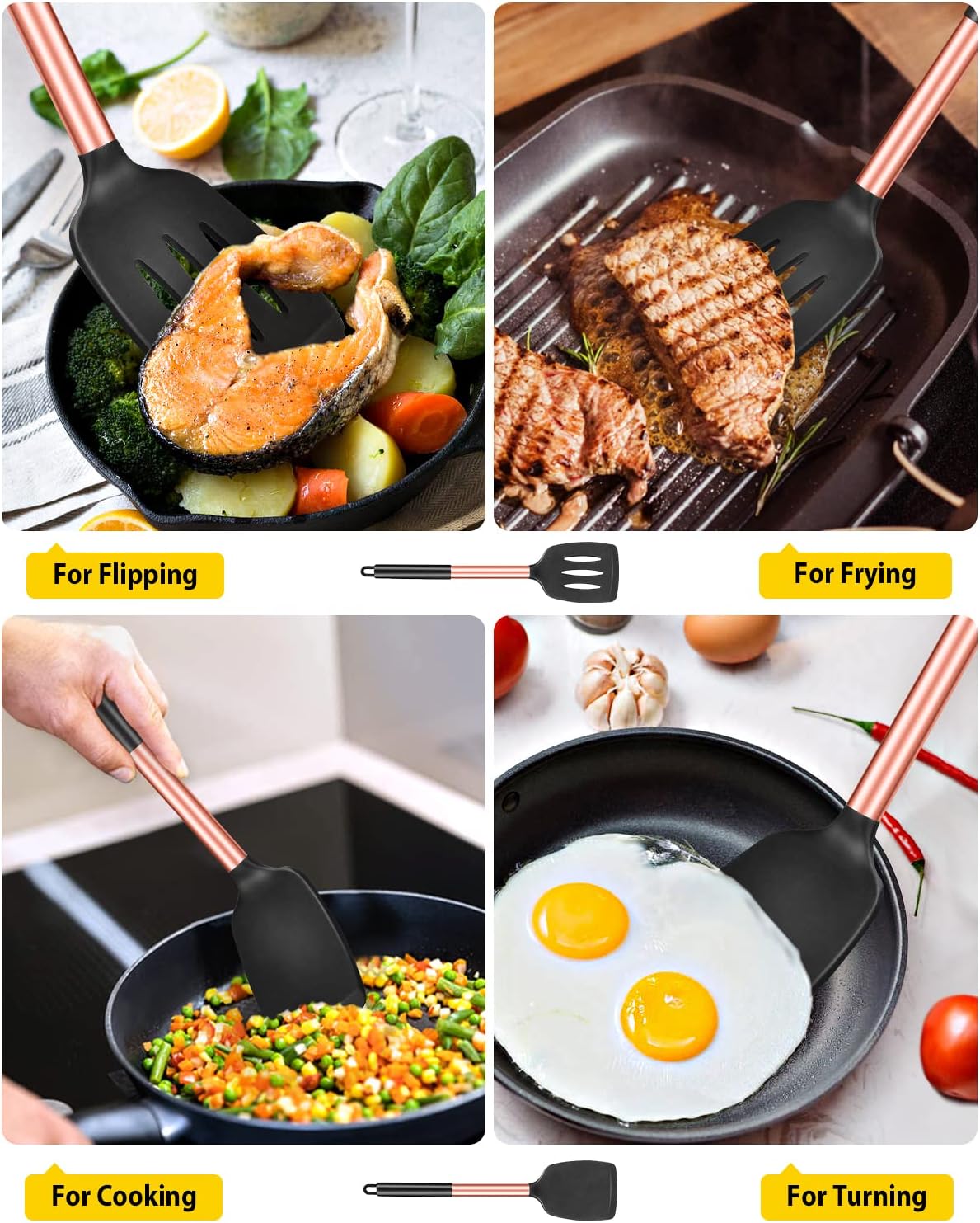 Pack of 2 Silicone Solid Turner, Non Stick Slotted Kitchen Spatulas, High Heat Resistant BPA Free Cooking Utensils, Ideal Cookware for Fish, Eggs, Pancakes(Stainless Steel Khaki)
