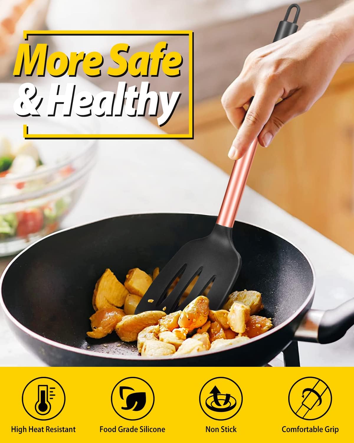 Pack of 2 Silicone Solid Turner, Non Stick Slotted Kitchen Spatulas, High Heat Resistant BPA Free Cooking Utensils, Ideal Cookware for Fish, Eggs, Pancakes(Stainless Steel Khaki)