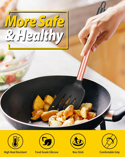 Pack of 2 Silicone Solid Turner, Non Stick Slotted Kitchen Spatulas, High Heat Resistant BPA Free Cooking Utensils, Ideal Cookware for Fish, Eggs, Pancakes(Stainless Steel Khaki)