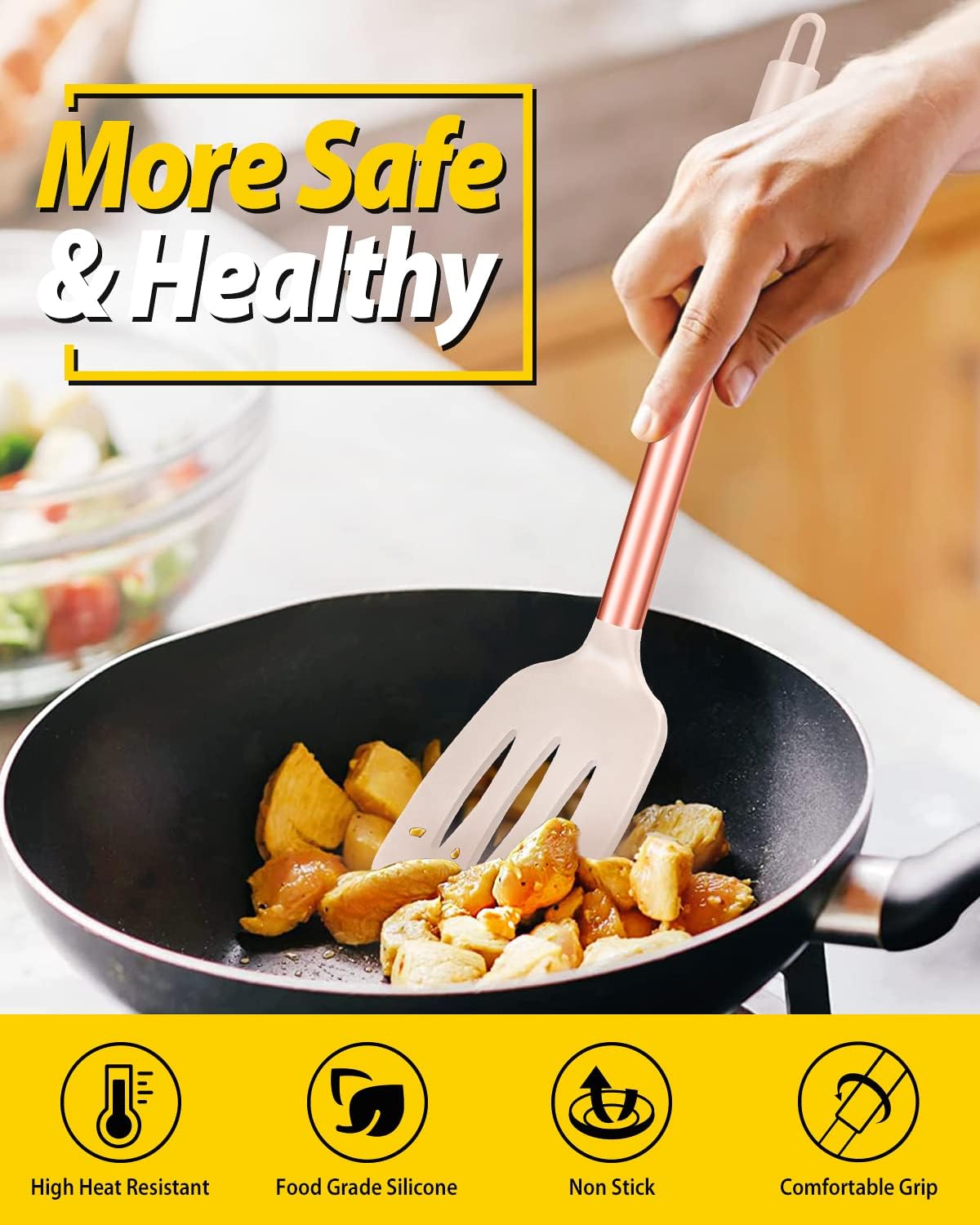 Pack of 2 Silicone Solid Turner, Non Stick Slotted Kitchen Spatulas, High Heat Resistant BPA Free Cooking Utensils, Ideal Cookware for Fish, Eggs, Pancakes(Stainless Steel Khaki)