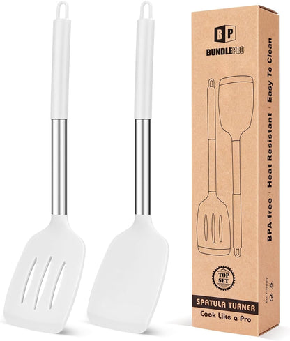 Pack of 2 Silicone Solid Turner, Non Stick Slotted Kitchen Spatulas, High Heat Resistant BPA Free Cooking Utensils, Ideal Cookware for Fish, Eggs, Pancakes(Stainless Steel Khaki)