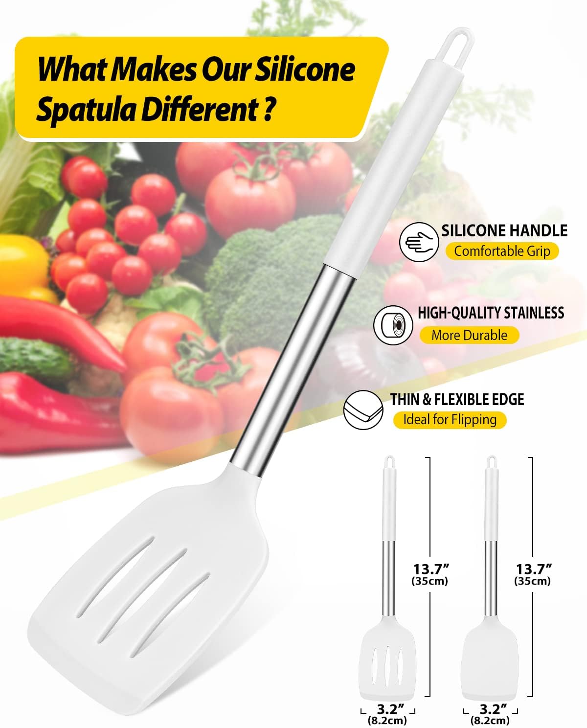 Pack of 2 Silicone Solid Turner, Non Stick Slotted Kitchen Spatulas, High Heat Resistant BPA Free Cooking Utensils, Ideal Cookware for Fish, Eggs, Pancakes(Stainless Steel Khaki)
