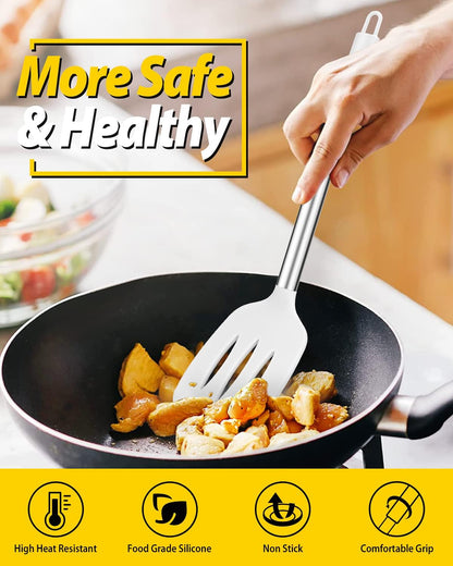 Pack of 2 Silicone Solid Turner, Non Stick Slotted Kitchen Spatulas, High Heat Resistant BPA Free Cooking Utensils, Ideal Cookware for Fish, Eggs, Pancakes(Stainless Steel Khaki)