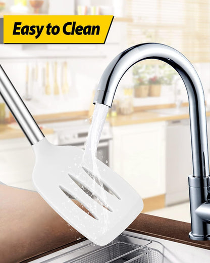 Pack of 2 Silicone Solid Turner, Non Stick Slotted Kitchen Spatulas, High Heat Resistant BPA Free Cooking Utensils, Ideal Cookware for Fish, Eggs, Pancakes(Stainless Steel Khaki)