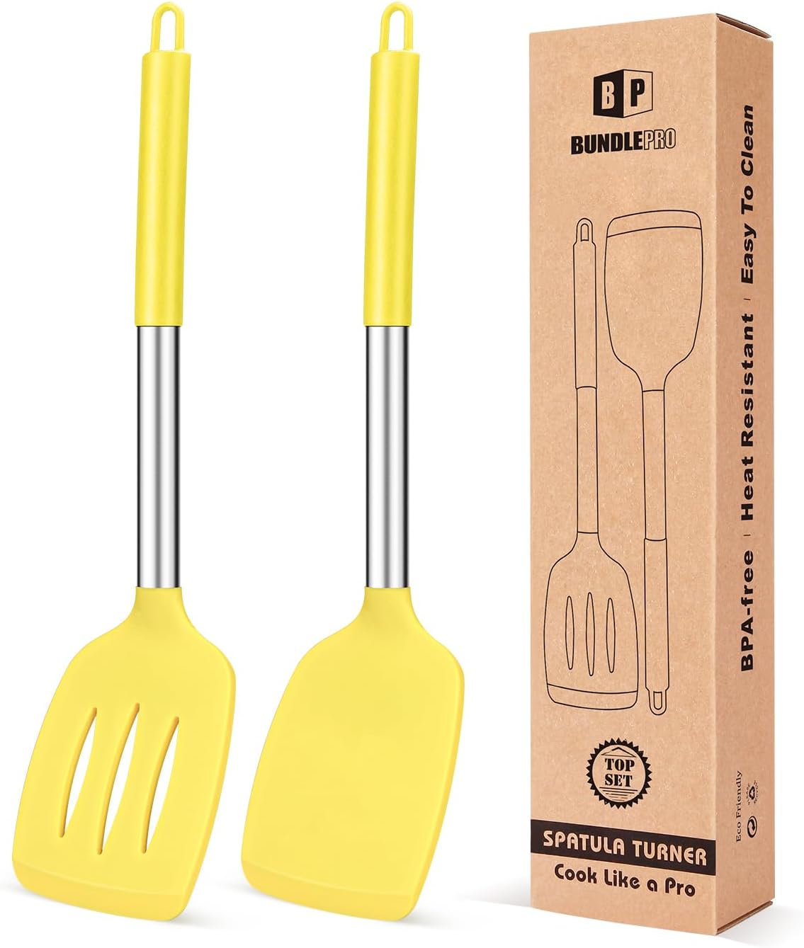 Pack of 2 Silicone Solid Turner, Non Stick Slotted Kitchen Spatulas, High Heat Resistant BPA Free Cooking Utensils, Ideal Cookware for Fish, Eggs, Pancakes(Stainless Steel Khaki)