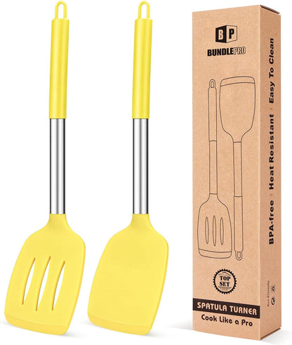 Pack of 2 Silicone Solid Turner, Non Stick Slotted Kitchen Spatulas, High Heat Resistant BPA Free Cooking Utensils, Ideal Cookware for Fish, Eggs, Pancakes(Stainless Steel Khaki)