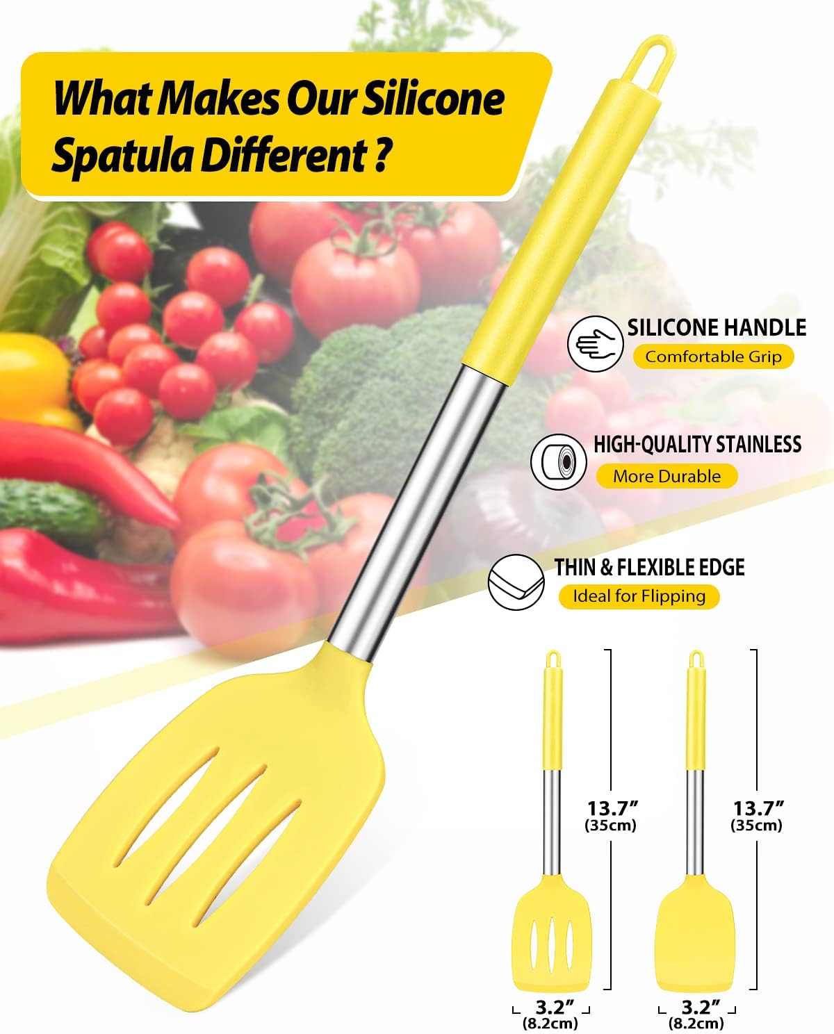 Pack of 2 Silicone Solid Turner, Non Stick Slotted Kitchen Spatulas, High Heat Resistant BPA Free Cooking Utensils, Ideal Cookware for Fish, Eggs, Pancakes(Stainless Steel Khaki)