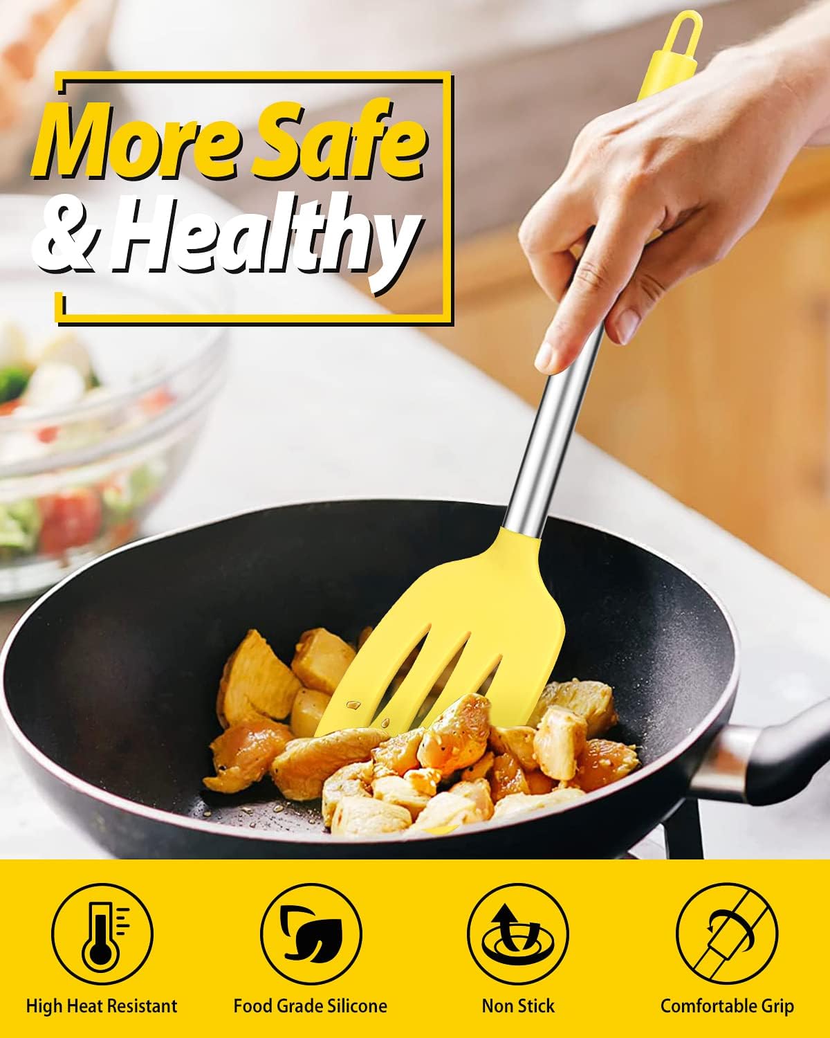 Pack of 2 Silicone Solid Turner, Non Stick Slotted Kitchen Spatulas, High Heat Resistant BPA Free Cooking Utensils, Ideal Cookware for Fish, Eggs, Pancakes(Stainless Steel Khaki)